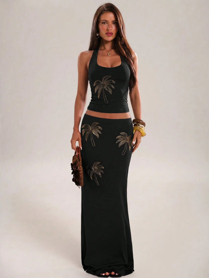 BAE Brown And Gold Embroidered Coconut Tree Halter Neck Tie Beaded Blouse,Summer,Casual,Holiday,Vacation,Music Festival,Beach Party,Daily Wear,Summer Top