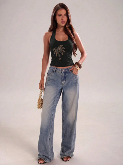 BAE Brown And Gold Embroidered Coconut Tree Halter Neck Tie Beaded Blouse,Summer,Casual,Holiday,Vacation,Music Festival,Beach Party,Daily Wear,Summer Top