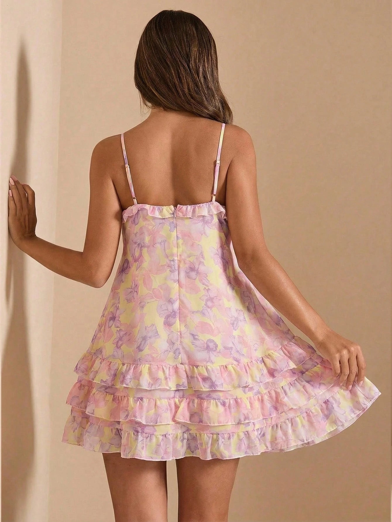 BAE Floral Print V-Neck Ruffle Hem Women's Sundress, Sleeveless Dress, Suitable For Vacation, Beach, Brunch, Valentine's Day, Tea Party, Casual Outings