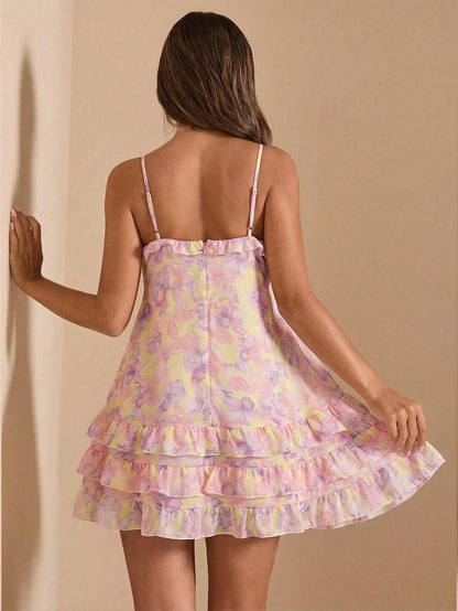 BAE Floral Print V-Neck Ruffle Hem Women's Sundress, Sleeveless Dress, Suitable For Vacation, Beach, Brunch, Valentine's Day, Tea Party, Casual Outings