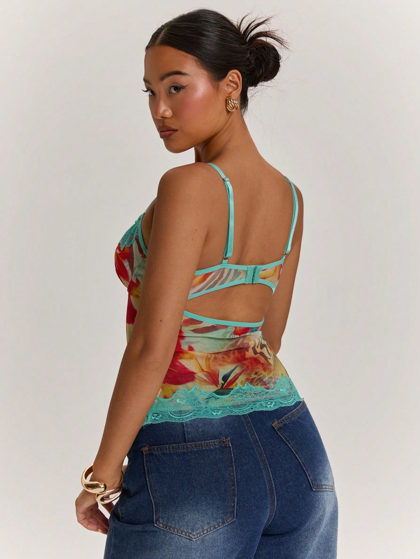 BAE Light Blue Floral Summer Seductive Holiday Vacation Holiday, Leopard Print&Tropical Lace Patchwork Camisole Top,Tight Bustier,Bohemian Outerwear