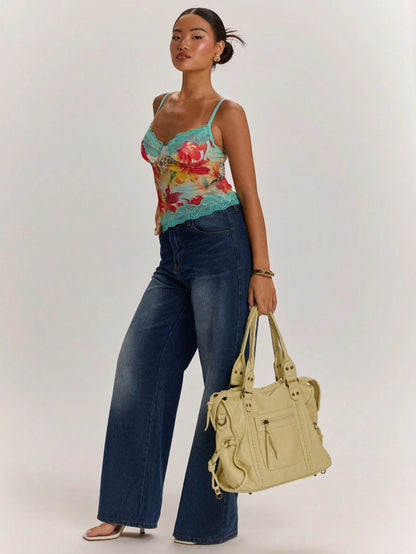 BAE Light Blue Floral Summer Seductive Holiday Vacation Holiday, Leopard Print&Tropical Lace Patchwork Camisole Top,Tight Bustier,Bohemian Outerwear