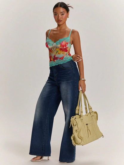 BAE Light Blue Floral Summer Seductive Holiday Vacation Holiday, Leopard Print&Tropical Lace Patchwork Camisole Top,Tight Bustier,Bohemian Outerwear