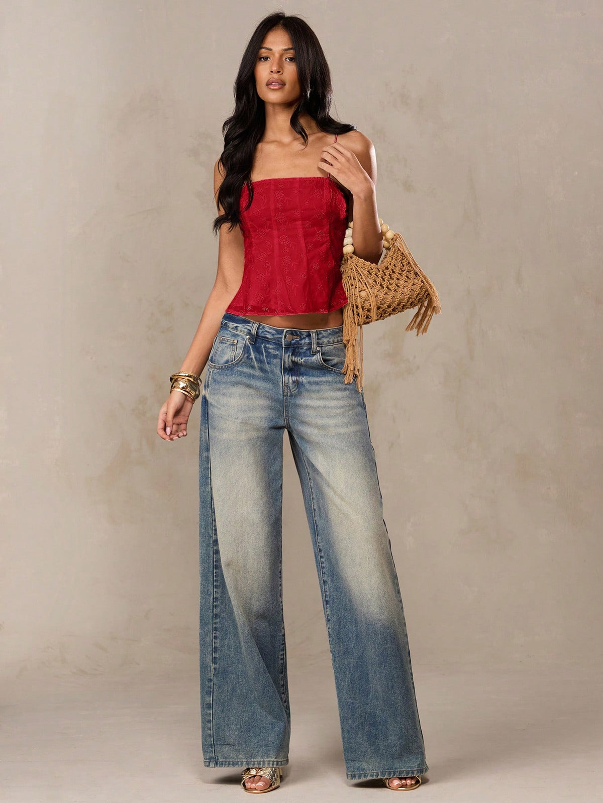 BAE Red Checked Summer Elegant Party White Linen Blend 3D Floral Embroidered Camisole Cropped Top,Casual Vacation Beach Holiday Summer Top For Women