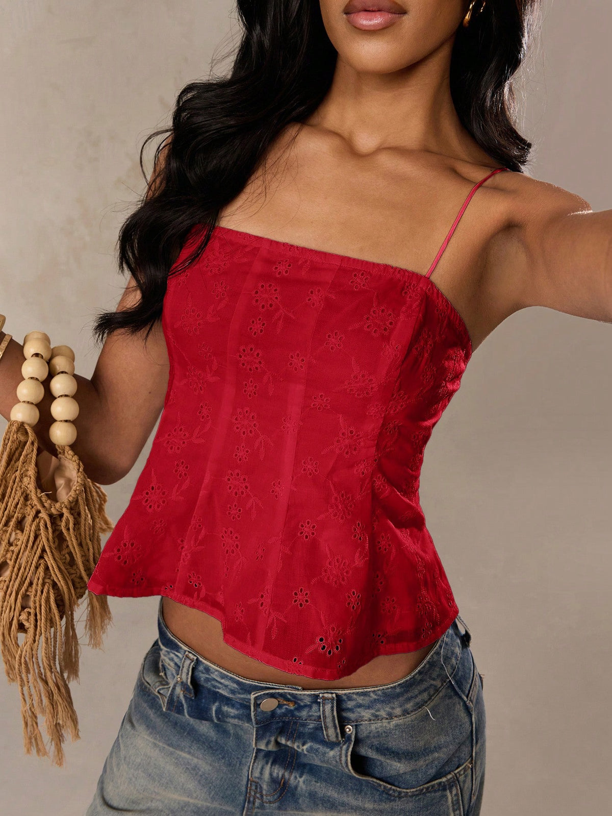 BAE Red Checked Summer Elegant Party White Linen Blend 3D Floral Embroidered Camisole Cropped Top,Casual Vacation Beach Holiday Summer Top For Women