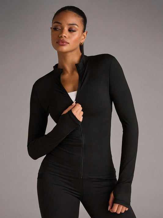 BAE Solid Zip Up Sports Jacket With Thumb Holes, Athleisure