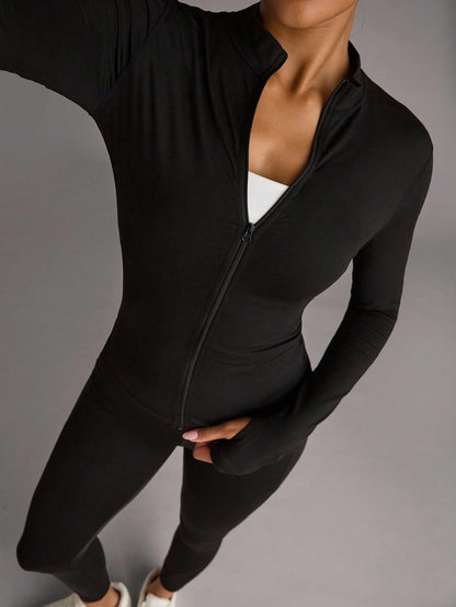 BAE Solid Zip Up Sports Jacket With Thumb Holes, Athleisure