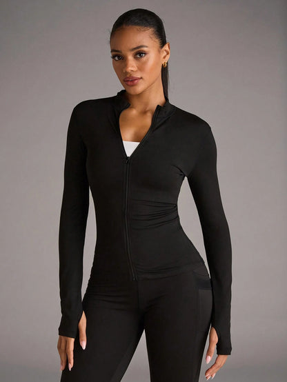BAE Solid Zip Up Sports Jacket With Thumb Holes, Athleisure