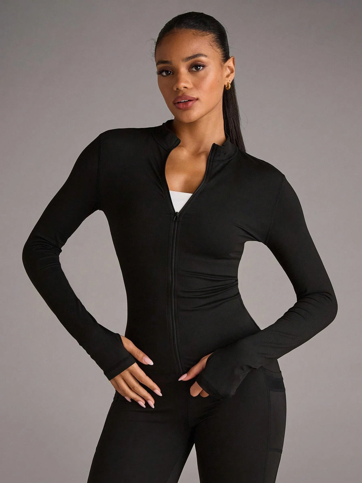 BAE Solid Zip Up Sports Jacket With Thumb Holes, Athleisure