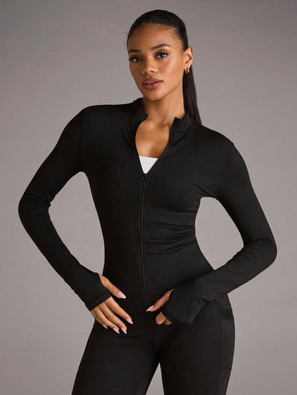 BAE Solid Zip Up Sports Jacket With Thumb Holes, Athleisure