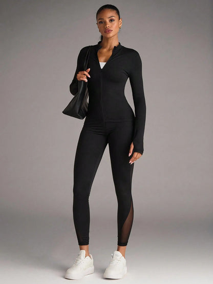 BAE Solid Zip Up Sports Jacket With Thumb Holes, Athleisure