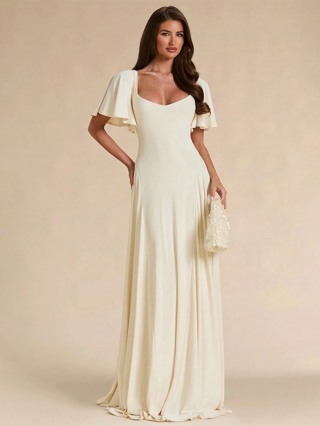 BAE Spring/Summer Solid Cream White Square Neck Ruffle Sleeve A-Line Flared Maxi Dress Christening Elegant