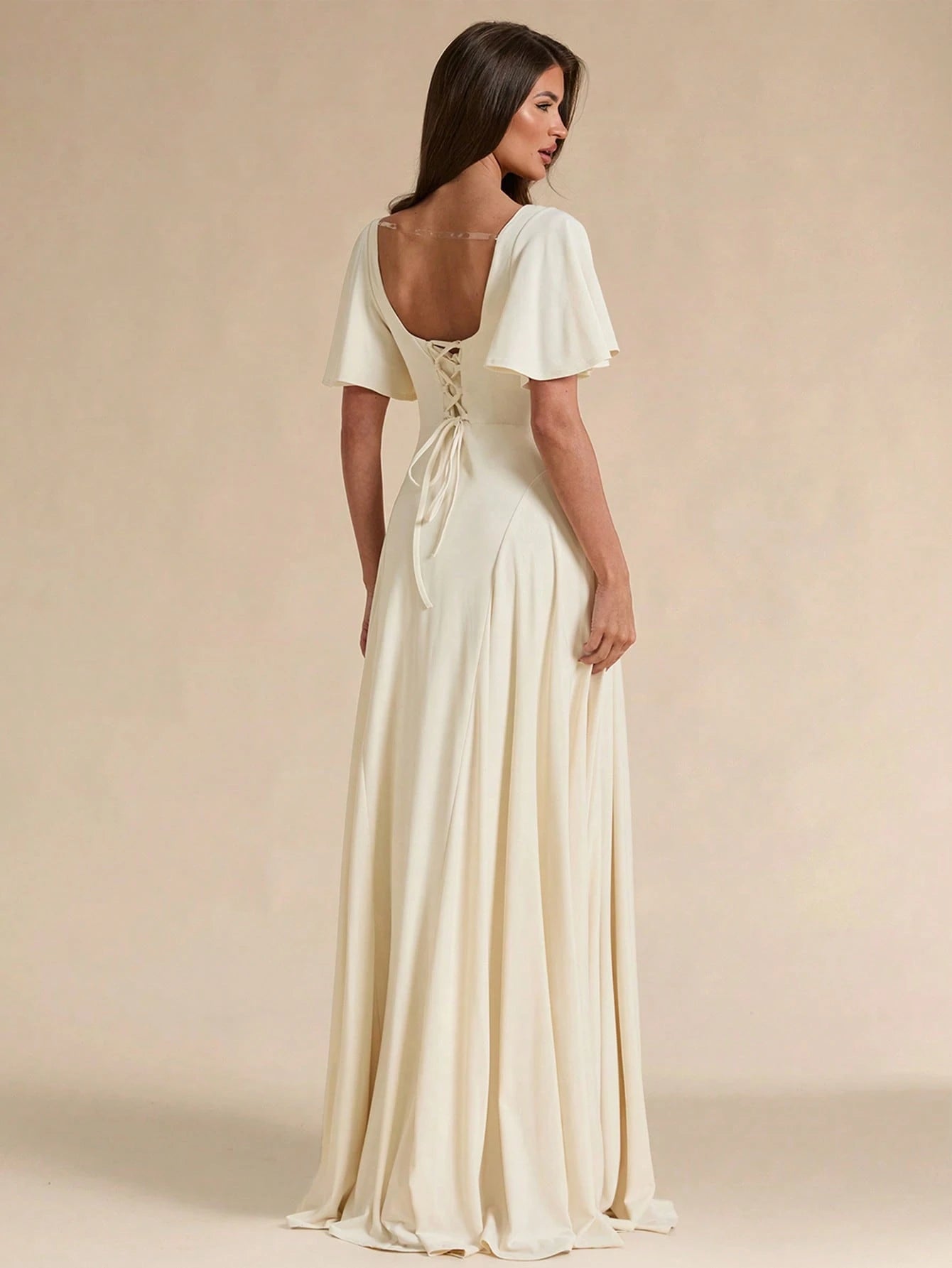 BAE Spring/Summer Solid Cream White Square Neck Ruffle Sleeve A-Line Flared Maxi Dress Christening Elegant