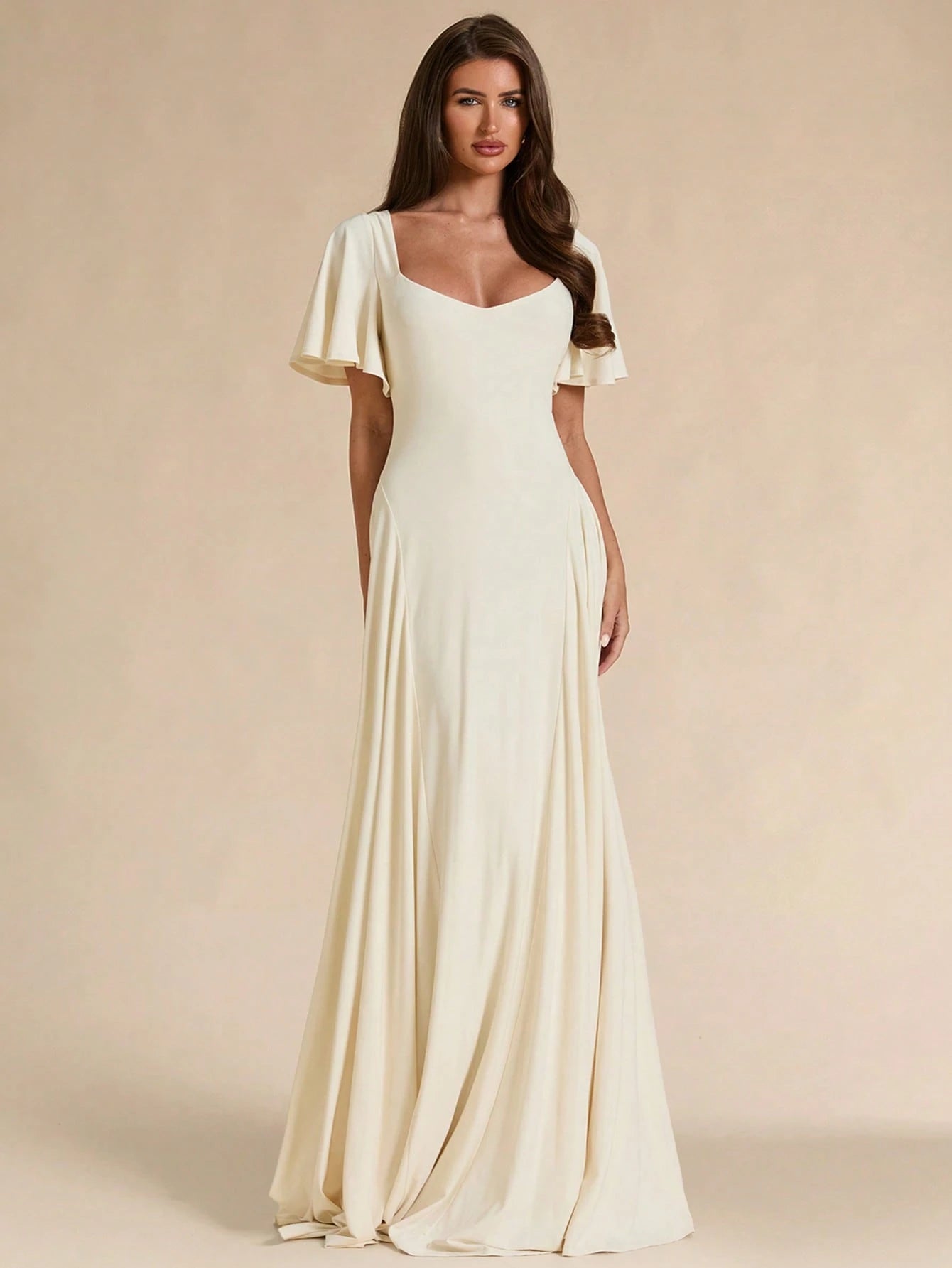 BAE Spring/Summer Solid Cream White Square Neck Ruffle Sleeve A-Line Flared Maxi Dress Christening Elegant