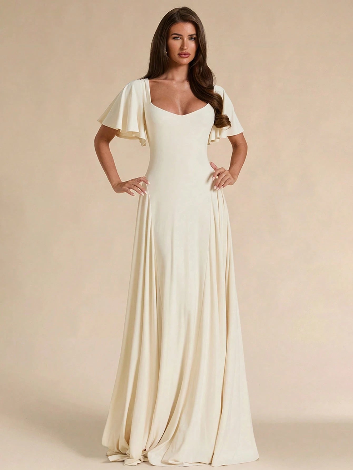 BAE Spring/Summer Solid Cream White Square Neck Ruffle Sleeve A-Line Flared Maxi Dress Christening Elegant