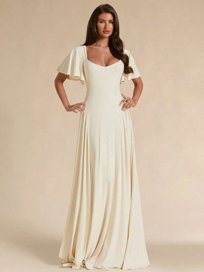 BAE Spring/Summer Solid Cream White Square Neck Ruffle Sleeve A-Line Flared Maxi Dress Christening Elegant