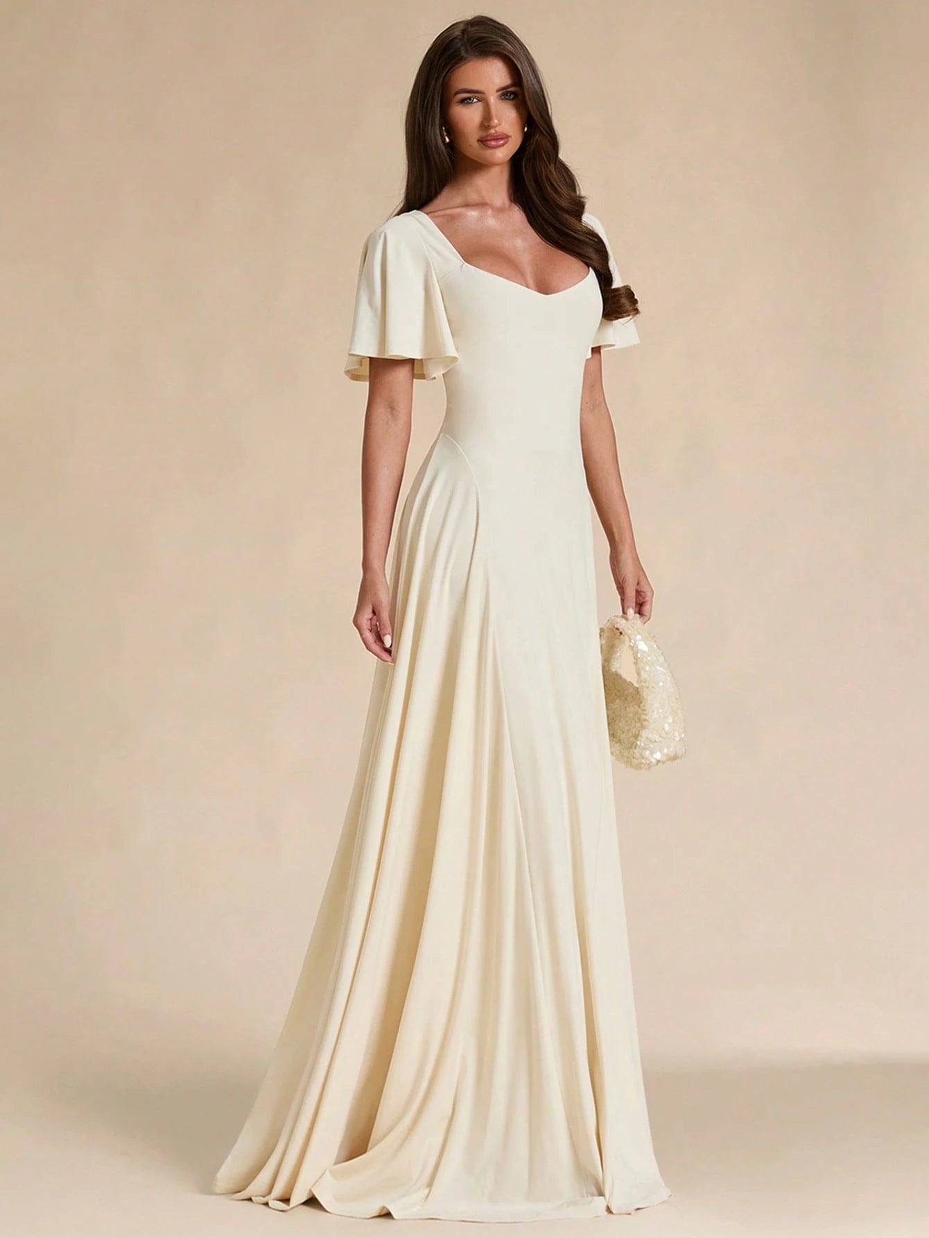 BAE Spring/Summer Solid Cream White Square Neck Ruffle Sleeve A-Line Flared Maxi Dress Christening Elegant