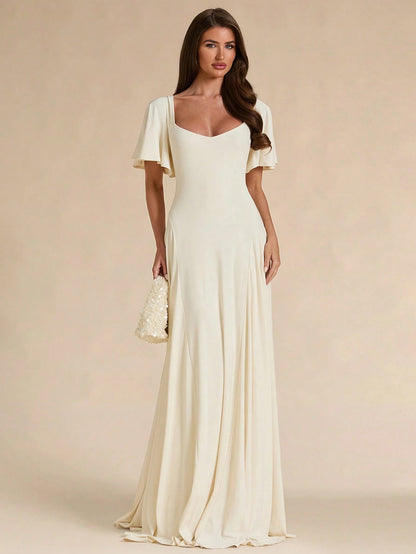 BAE Spring/Summer Solid Cream White Square Neck Ruffle Sleeve A-Line Flared Maxi Dress Christening Elegant