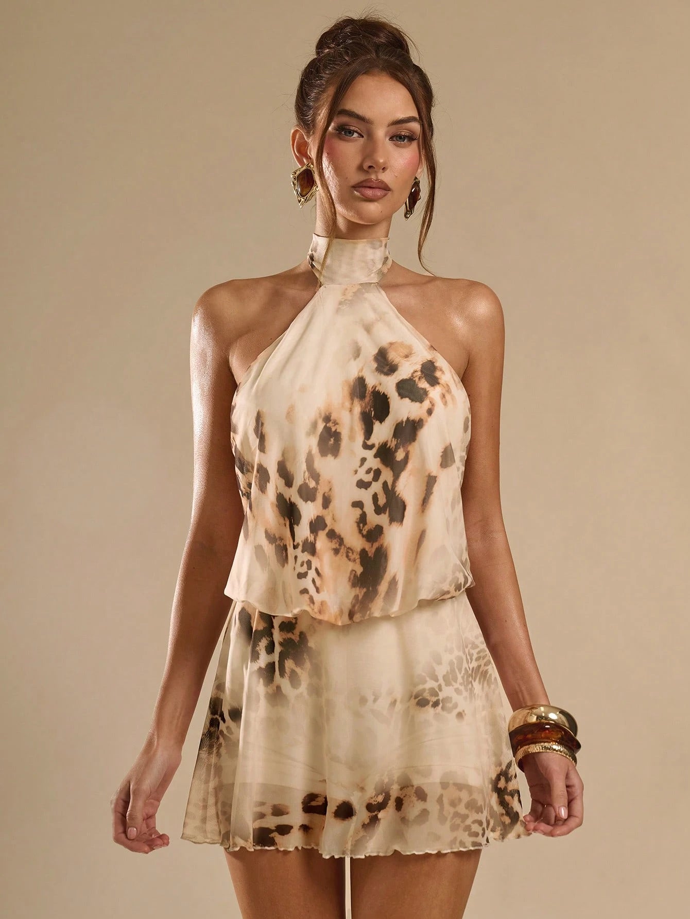 BAE Summer Leopard Print Backless Spaghetti Strap Mini Dress,70s Elegant Beige Club Night Party Music Festival Outing Date Vacation Dresses For Women