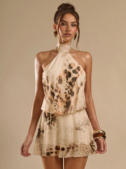BAE Summer Leopard Print Backless Spaghetti Strap Mini Dress,70s Elegant Beige Club Night Party Music Festival Outing Date Vacation Dresses For Women