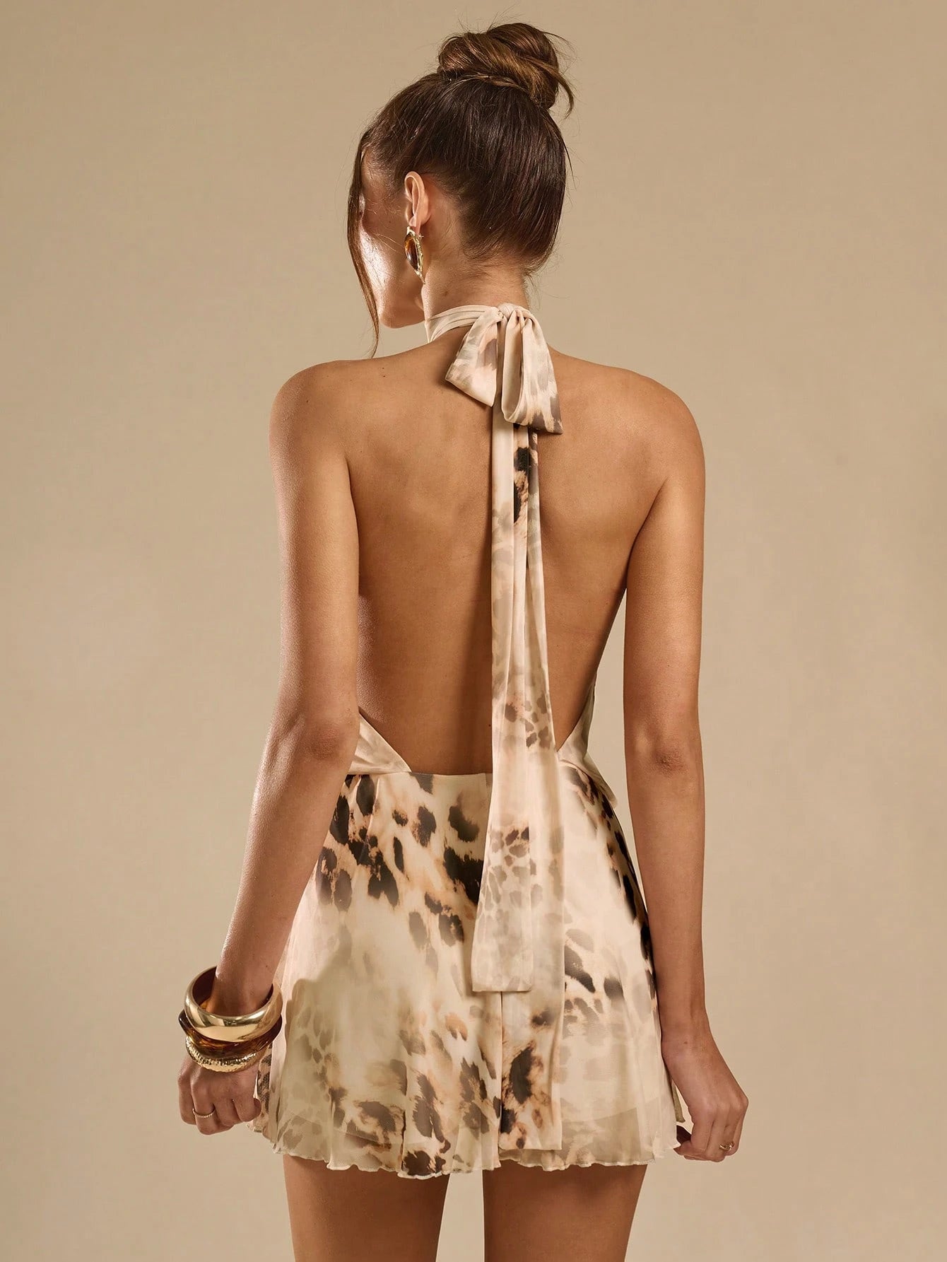 BAE Summer Leopard Print Backless Spaghetti Strap Mini Dress,70s Elegant Beige Club Night Party Music Festival Outing Date Vacation Dresses For Women