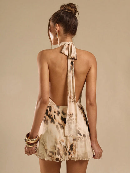BAE Summer Leopard Print Backless Spaghetti Strap Mini Dress,70s Elegant Beige Club Night Party Music Festival Outing Date Vacation Dresses For Women