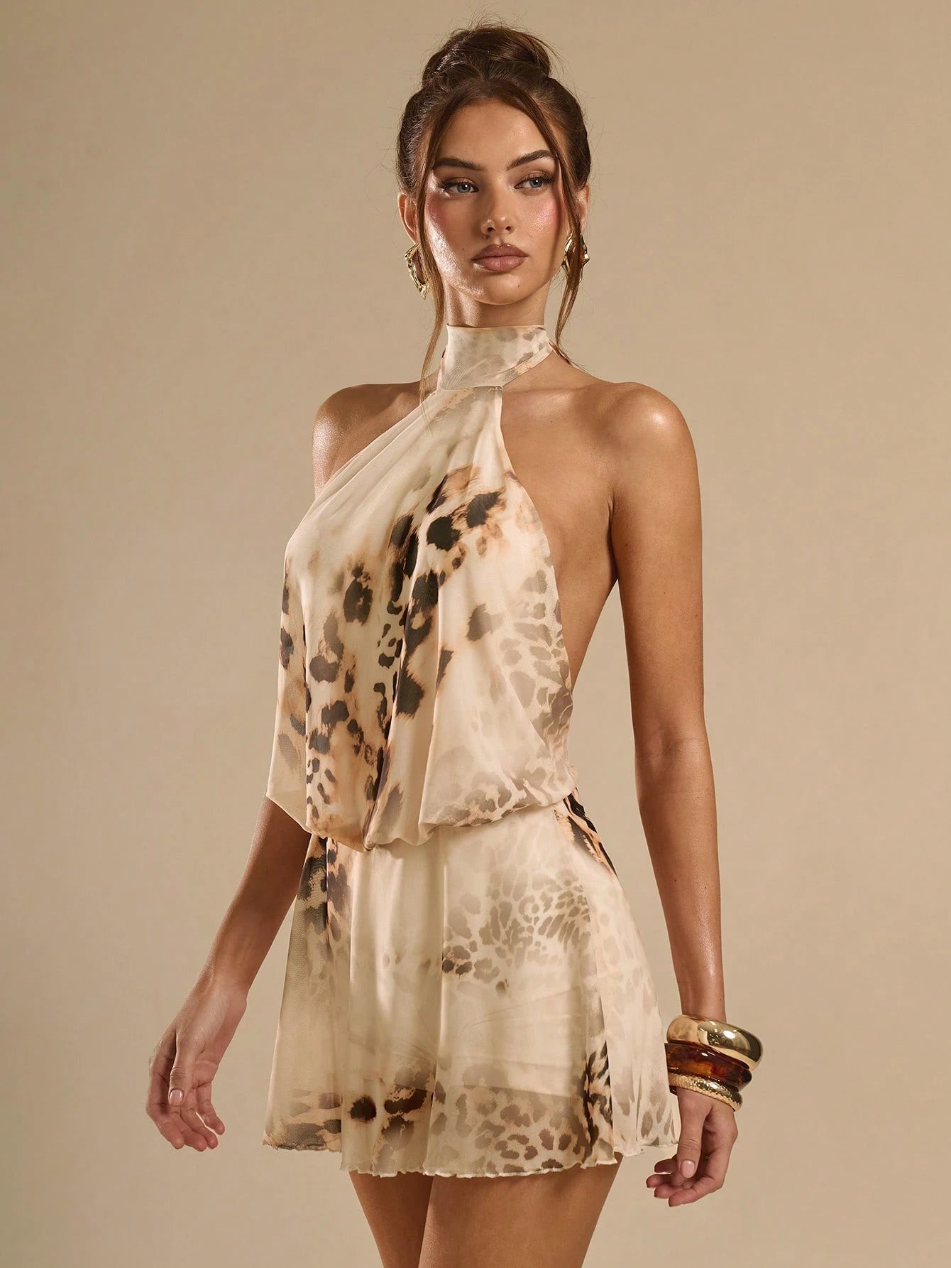 BAE Summer Leopard Print Backless Spaghetti Strap Mini Dress,70s Elegant Beige Club Night Party Music Festival Outing Date Vacation Dresses For Women