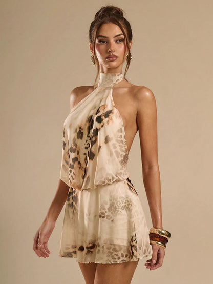 BAE Summer Leopard Print Backless Spaghetti Strap Mini Dress,70s Elegant Beige Club Night Party Music Festival Outing Date Vacation Dresses For Women