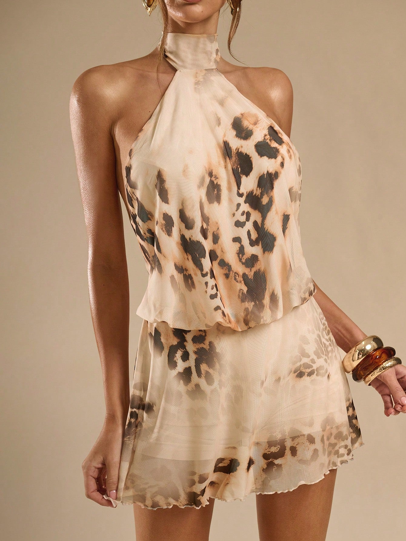 BAE Summer Leopard Print Backless Spaghetti Strap Mini Dress,70s Elegant Beige Club Night Party Music Festival Outing Date Vacation Dresses For Women