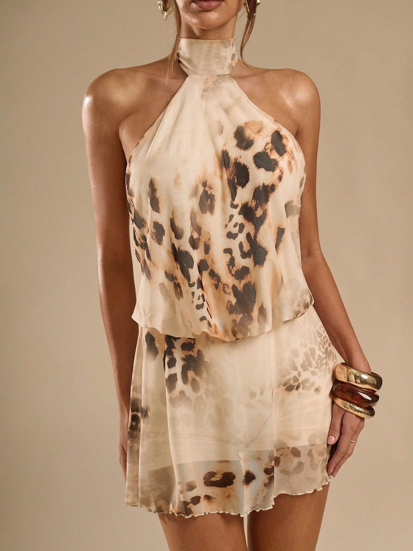 BAE Summer Leopard Print Backless Spaghetti Strap Mini Dress,70s Elegant Beige Club Night Party Music Festival Outing Date Vacation Dresses For Women