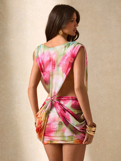 BAE Women's Beige Printed Plunging Neck Dress, Summer 70's Club Night Out Vacation Disco, Elegant Tropical Sexy Birthday Wedding Cocktail Beach Outfits