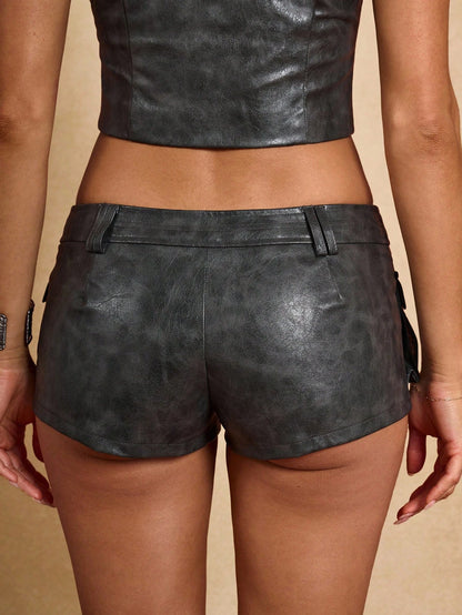 BAE Women's Dark Green Summer Seductive Night Out PU Shorts,High Street Zipper Waistband Three-Dimensional Pocket Design Gray Washed Distressed Fashion