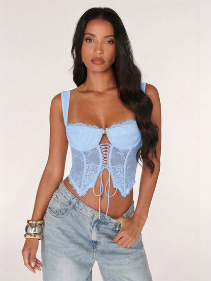 BAE Women's Seksi Chic Lace Sheer Tie-Up Spaghetti Strap Camisole Top,Baby Blue Summer Birthday Party Cocktail Nightclub Holiday Summer Top