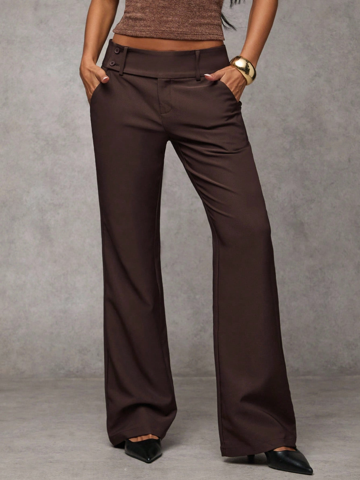 BAE Women's Solid Color Waist Button Design Pocket Casual Flare Pants,Fall,Fall Clothes For Women,Winter Clothes For Women