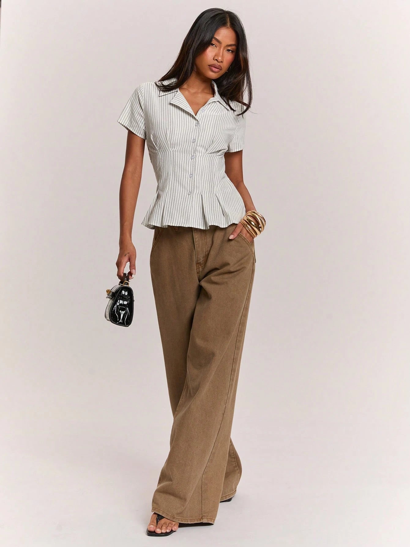 BAE Women's Summer Casual Smart Casual Light Grey Waist-Cinching Shirt Brunch