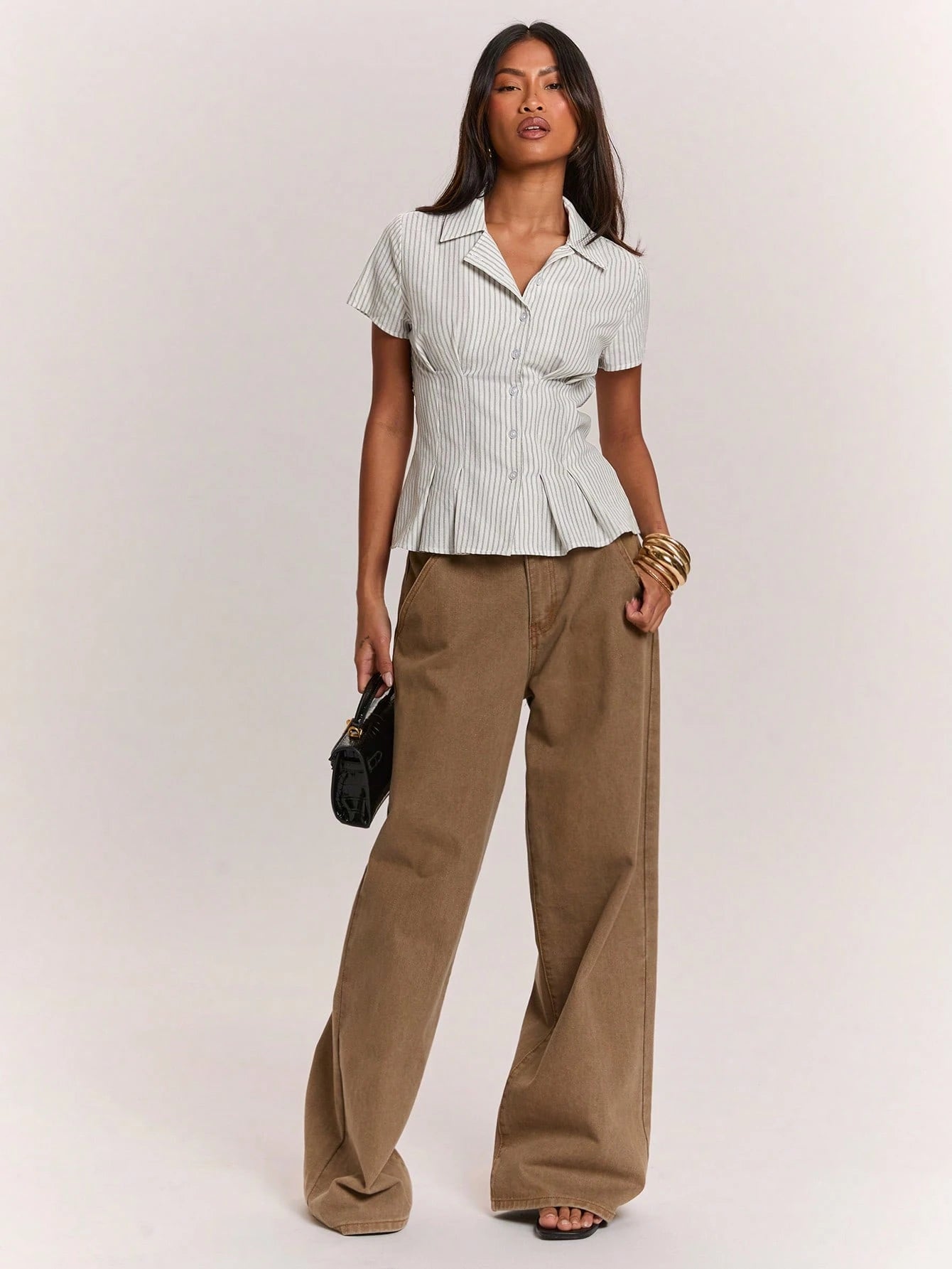 BAE Women's Summer Casual Smart Casual Light Grey Waist-Cinching Shirt Brunch