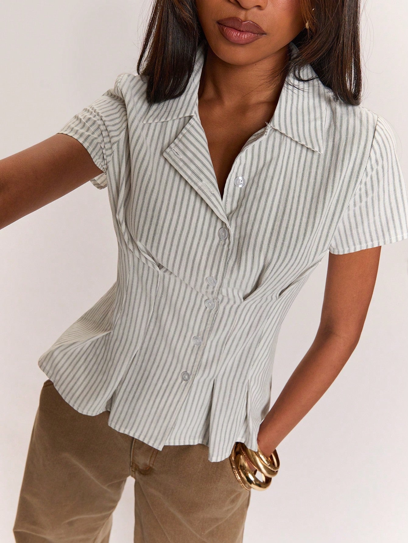BAE Women's Summer Casual Smart Casual Light Grey Waist-Cinching Shirt Brunch