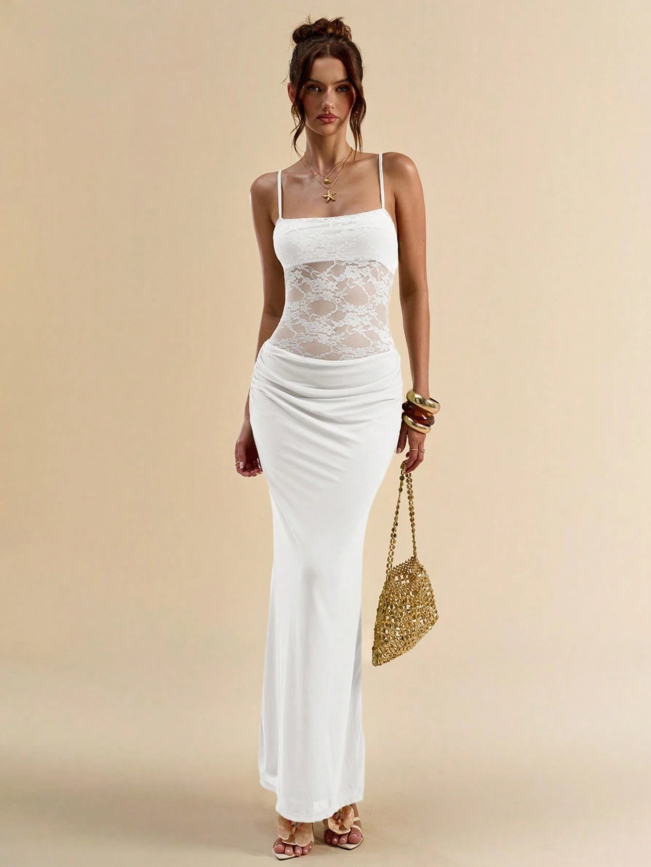 BAE Women's White Elegant Lace Patchwork Sheer Back Bodycon Spaghetti Strap Dress,Summer Vacation Fall Wedding Guest Valentine's Day Outfits,Pleated