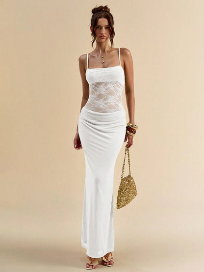 BAE Women's White Elegant Lace Patchwork Sheer Back Bodycon Spaghetti Strap Dress,Summer Vacation Fall Wedding Guest Valentine's Day Outfits,Pleated