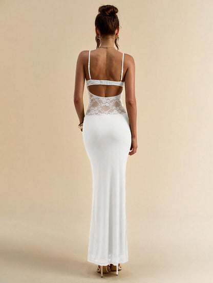 BAE Women's White Elegant Lace Patchwork Sheer Back Bodycon Spaghetti Strap Dress,Summer Vacation Fall Wedding Guest Valentine's Day Outfits,Pleated