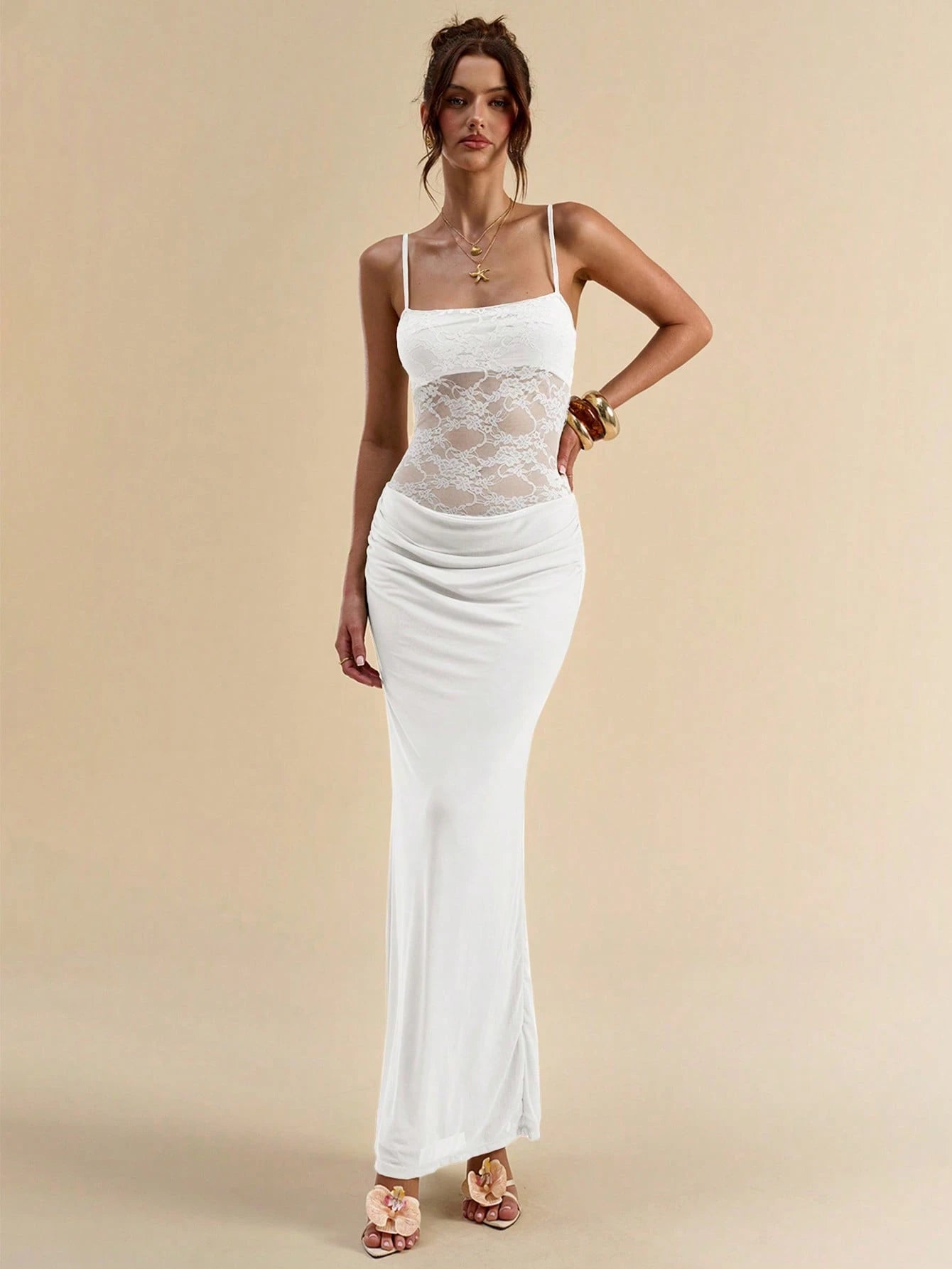 BAE Women's White Elegant Lace Patchwork Sheer Back Bodycon Spaghetti Strap Dress,Summer Vacation Fall Wedding Guest Valentine's Day Outfits,Pleated