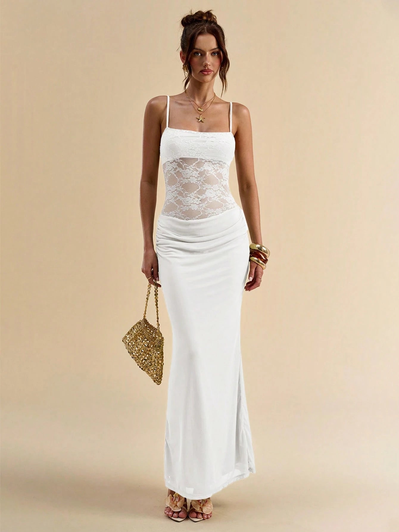 BAE Women's White Elegant Lace Patchwork Sheer Back Bodycon Spaghetti Strap Dress,Summer Vacation Fall Wedding Guest Valentine's Day Outfits,Pleated
