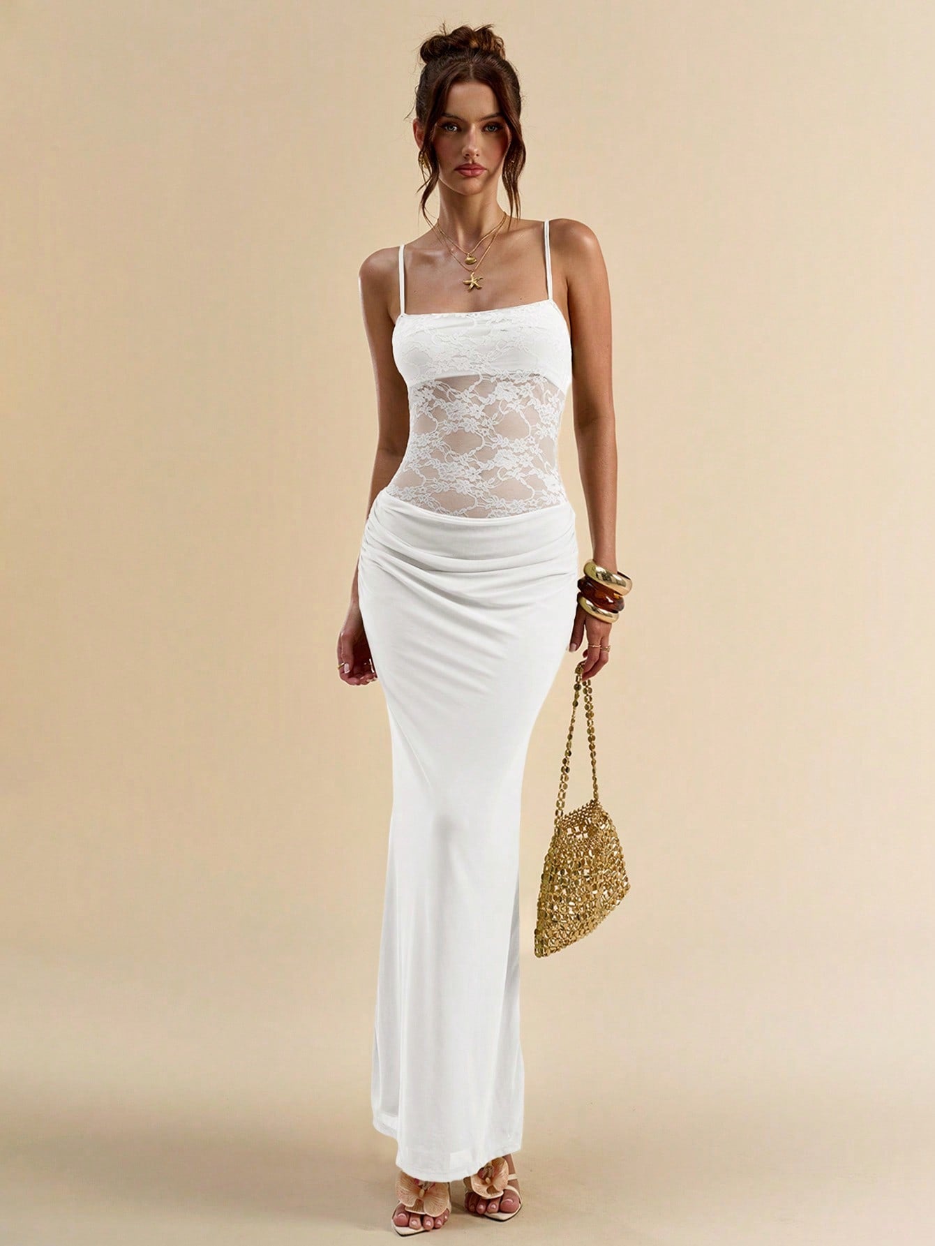 BAE Women's White Elegant Lace Patchwork Sheer Back Bodycon Spaghetti Strap Dress,Summer Vacation Fall Wedding Guest Valentine's Day Outfits,Pleated