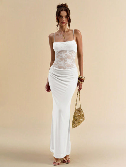 BAE Women's White Elegant Lace Patchwork Sheer Back Bodycon Spaghetti Strap Dress,Summer Vacation Fall Wedding Guest Valentine's Day Outfits,Pleated