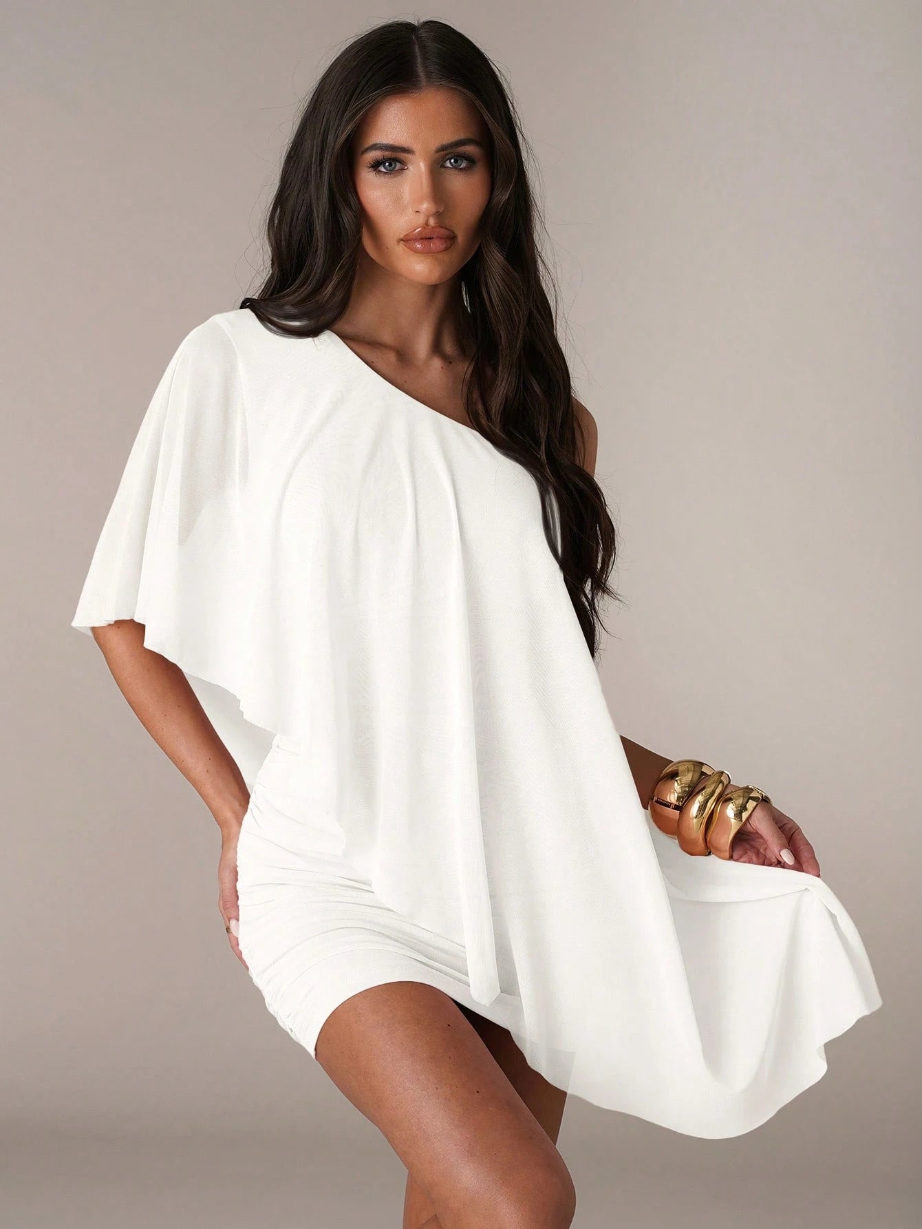 BAE Women's White Summer Elegant Night Out Dress,Asymmetrical Shoulder Ruffle Trim Mini Bodycon Dress, Casual Vacation Beach Wedding Party Dress