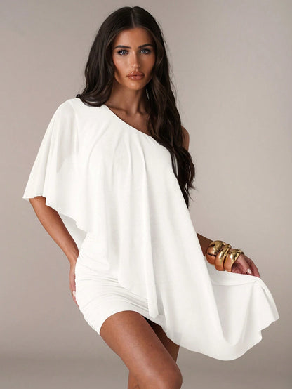 BAE Women's White Summer Elegant Night Out Dress,Asymmetrical Shoulder Ruffle Trim Mini Bodycon Dress, Casual Vacation Beach Wedding Party Dress