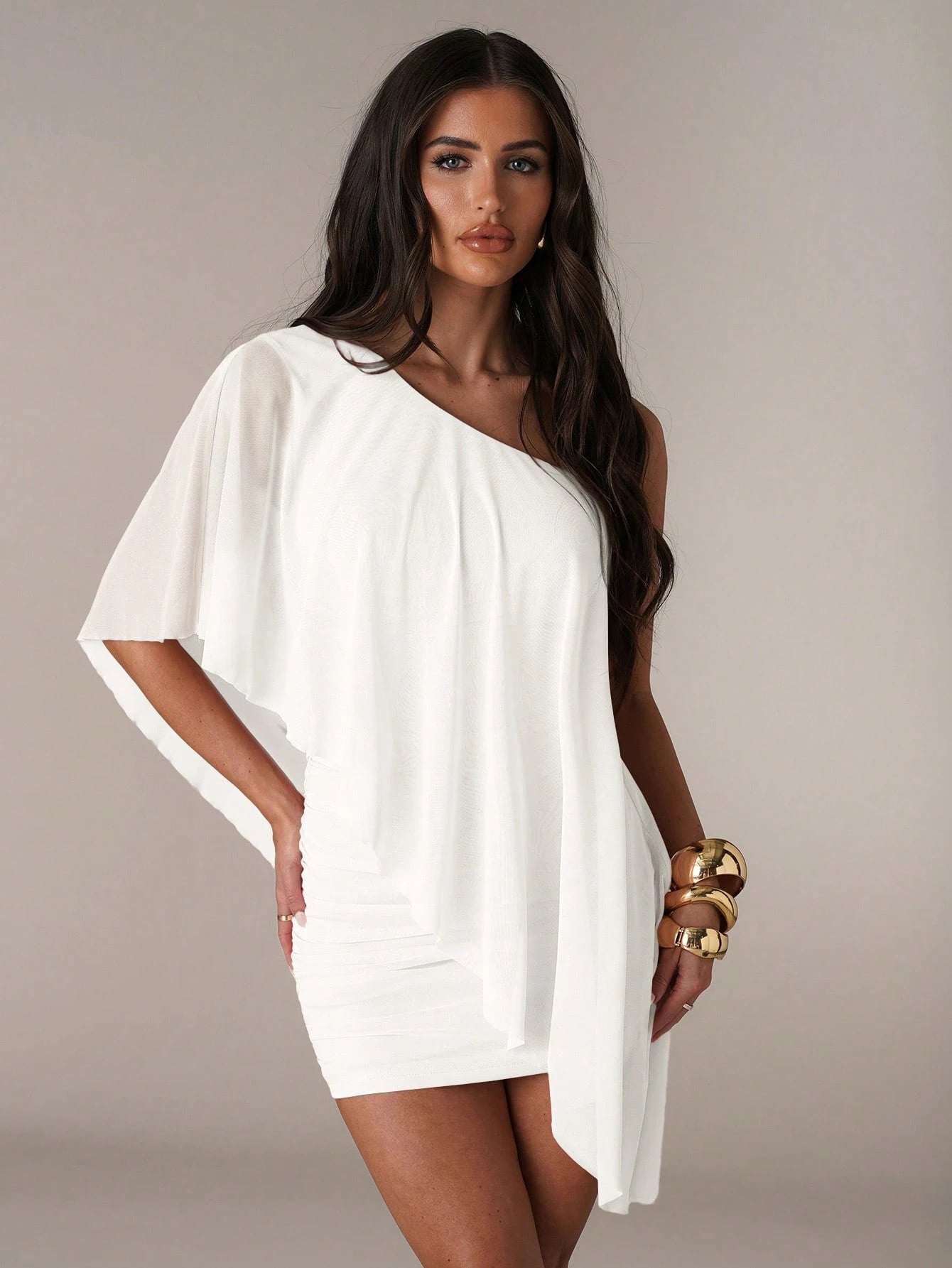 BAE Women's White Summer Elegant Night Out Dress,Asymmetrical Shoulder Ruffle Trim Mini Bodycon Dress, Casual Vacation Beach Wedding Party Dress