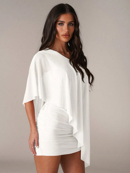 BAE Women's White Summer Elegant Night Out Dress,Asymmetrical Shoulder Ruffle Trim Mini Bodycon Dress, Casual Vacation Beach Wedding Party Dress