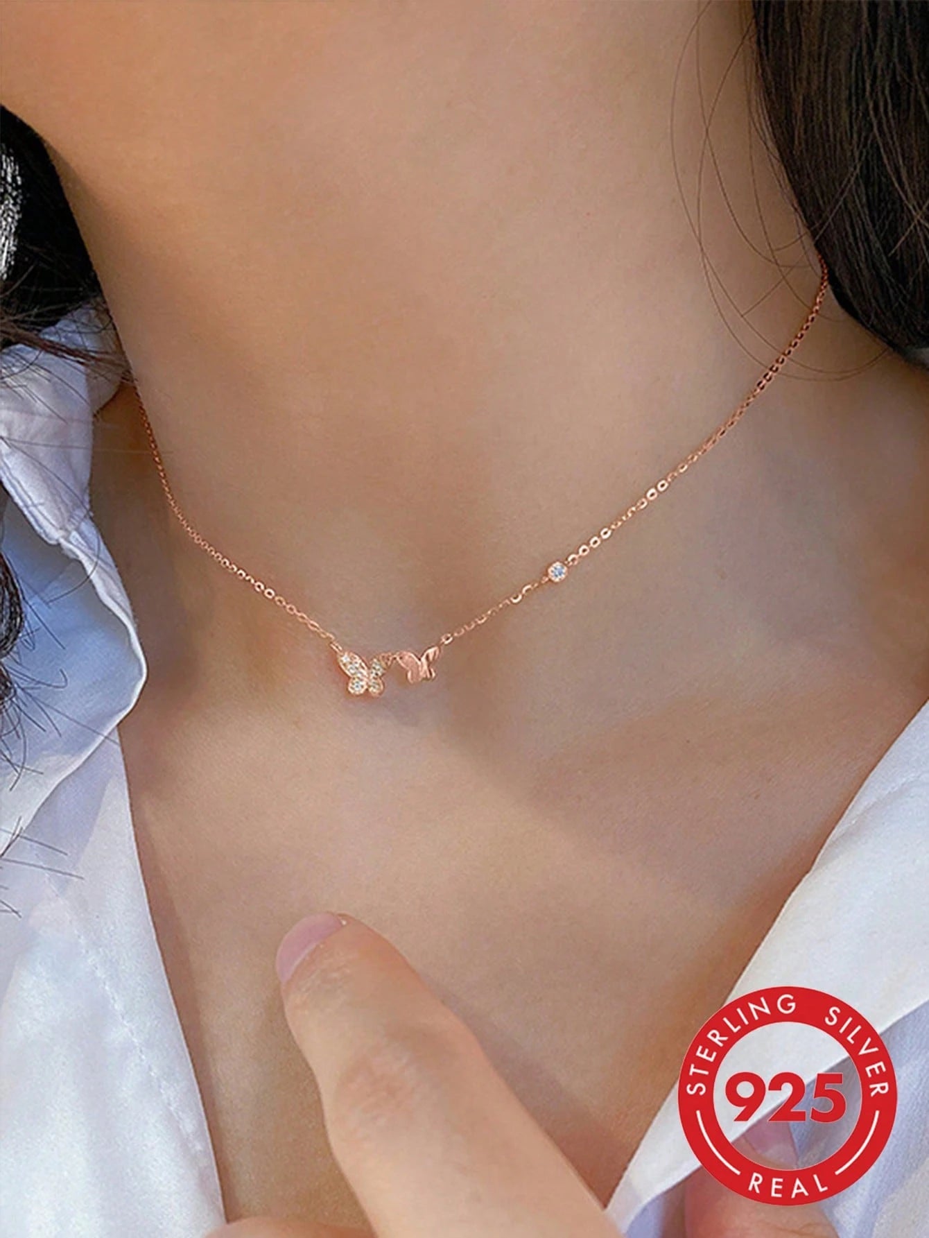 BALMORA 1pc Elegant Exquisite S925 Sterling Silver Small Round Zirconia Double Butterfly Pendant Necklace, Suitable For Women's Birthday Gift