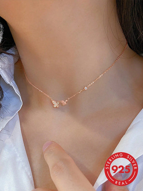 BALMORA 1pc Elegant Exquisite S925 Sterling Silver Small Round Zirconia Double Butterfly Pendant Necklace, Suitable For Women's Birthday Gift